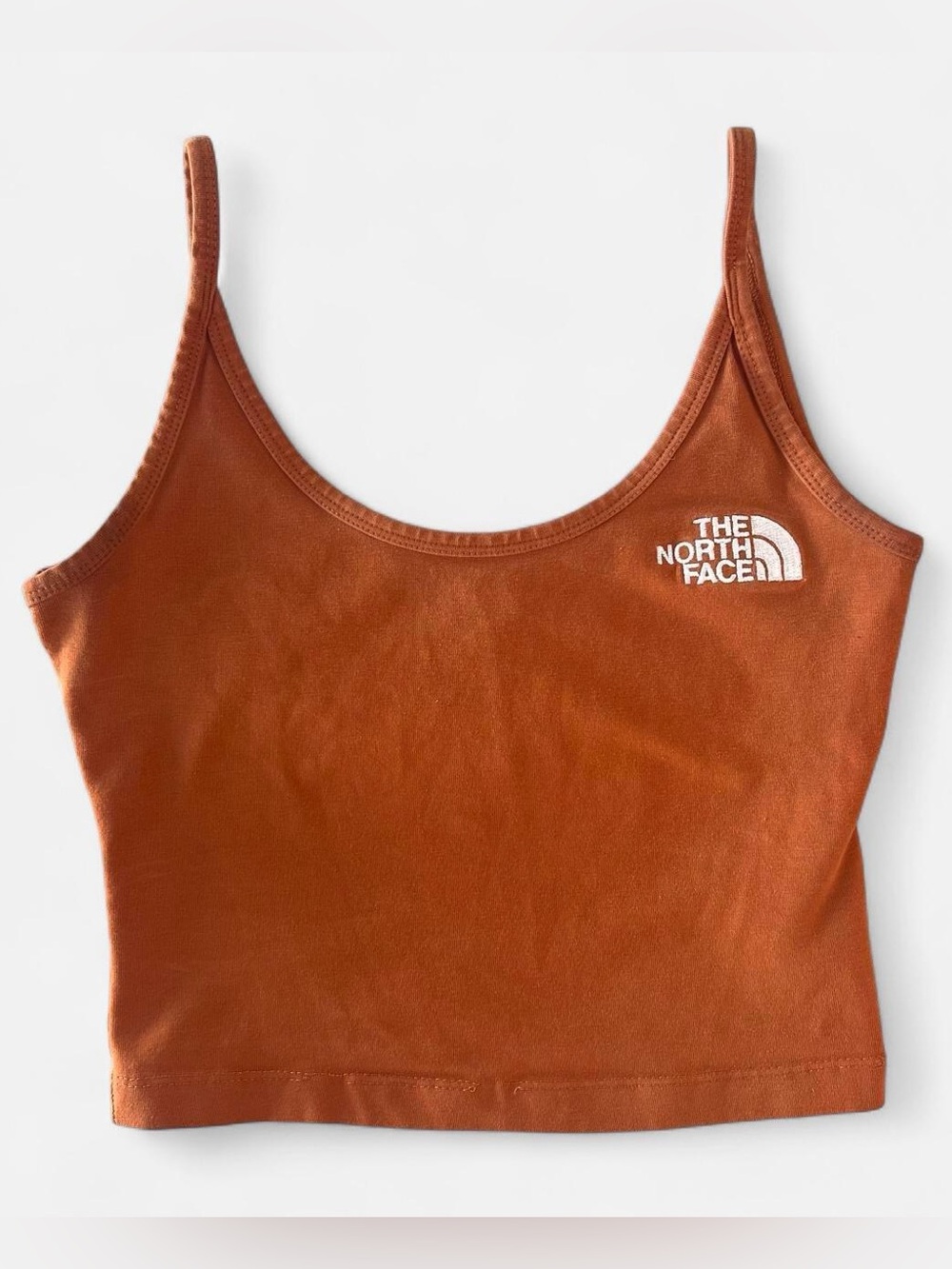 The North Face Orange Brown Cropped Tank Top Logo Graphic Hiking Climbing XS